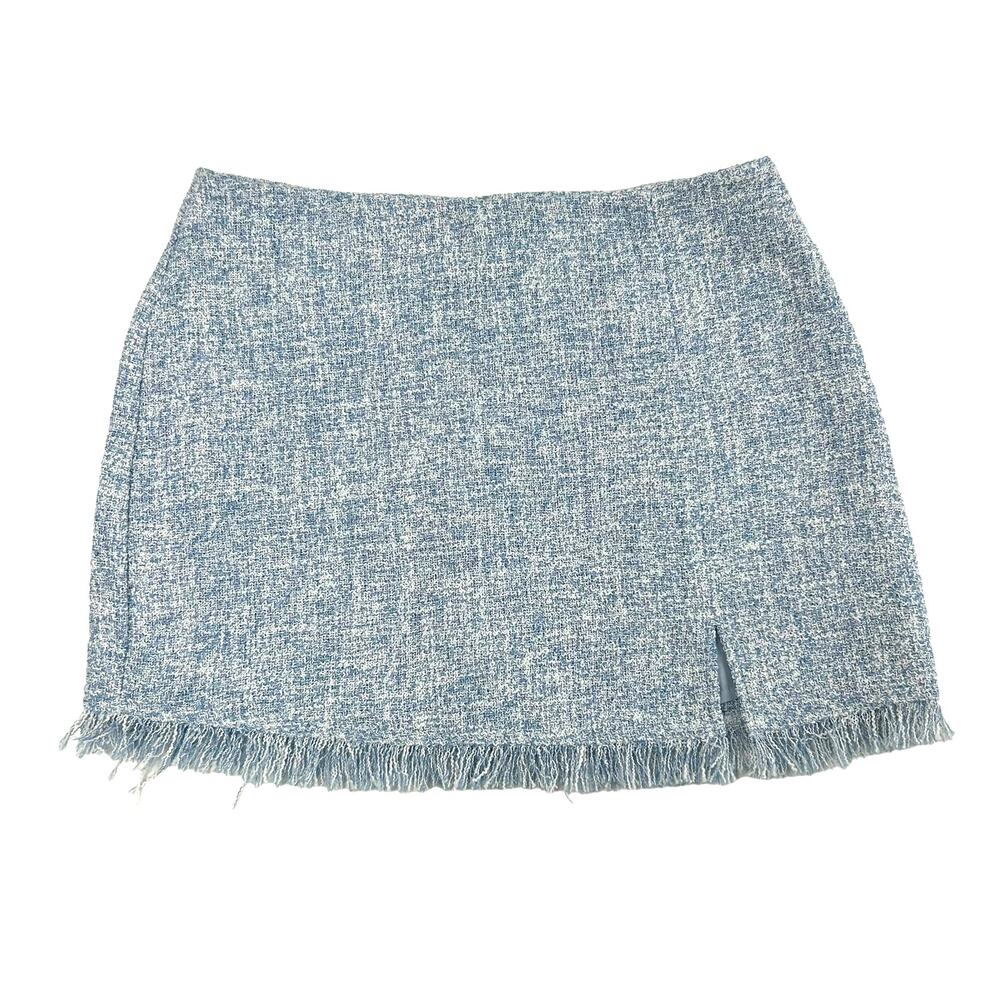 NWT Cloud Ten Blue Tweed Knit Side Slit Fringe Mini Skirt Womens Large